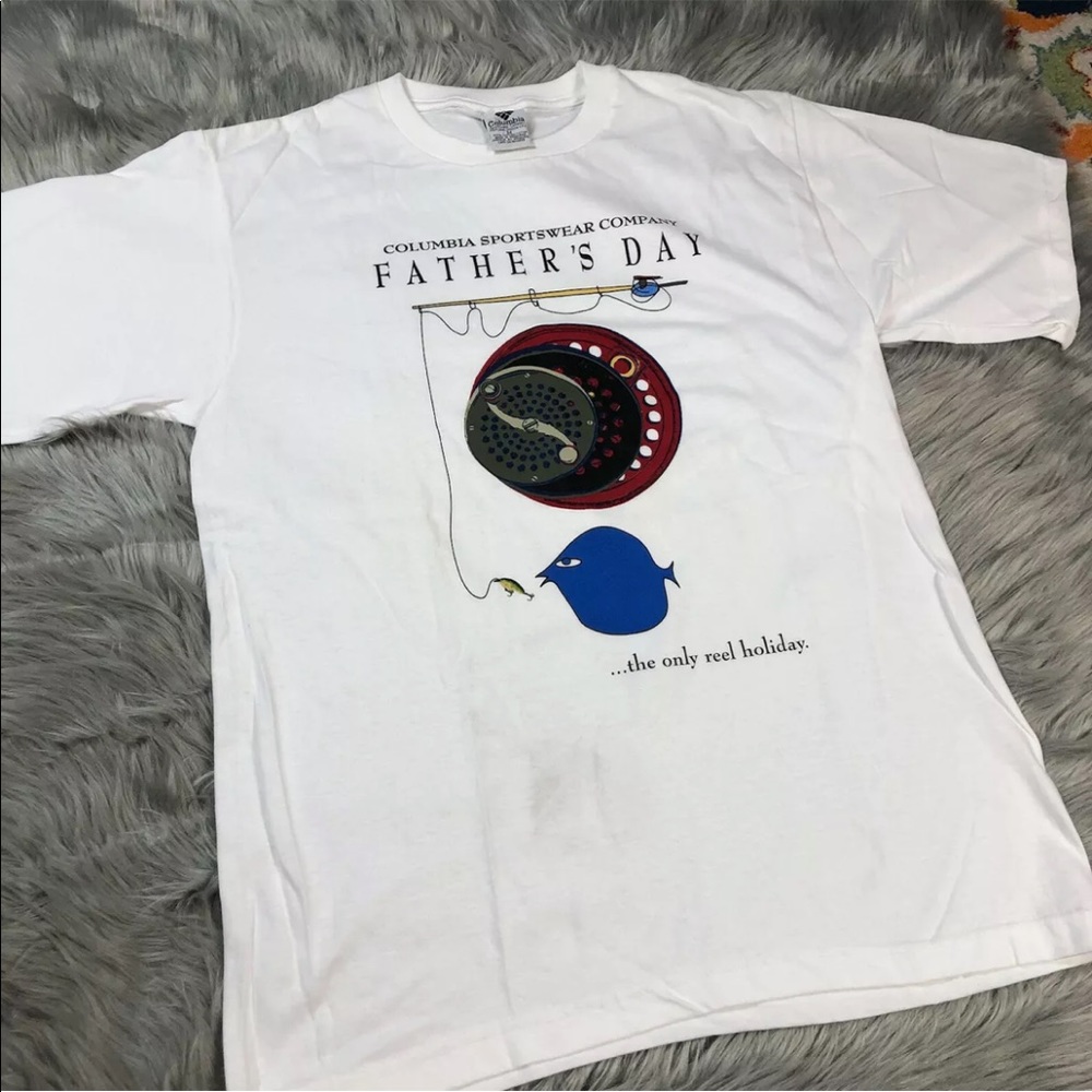 Vintage Columbia Made USA Fathers Day Fish Reel T Shirt White Medium